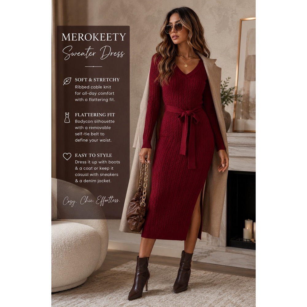 MEROKEETY Women's Small Burgundy Cable Knit Bodycon Midi Sweater Dress Belted‎